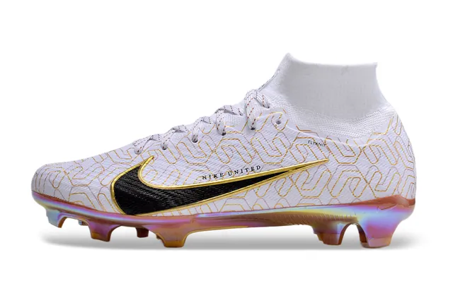 Nike Branco Dourado High-Cut Flyknit Superior Placa Sola Iridescente Solo Firme Sapatos de Futebol 6