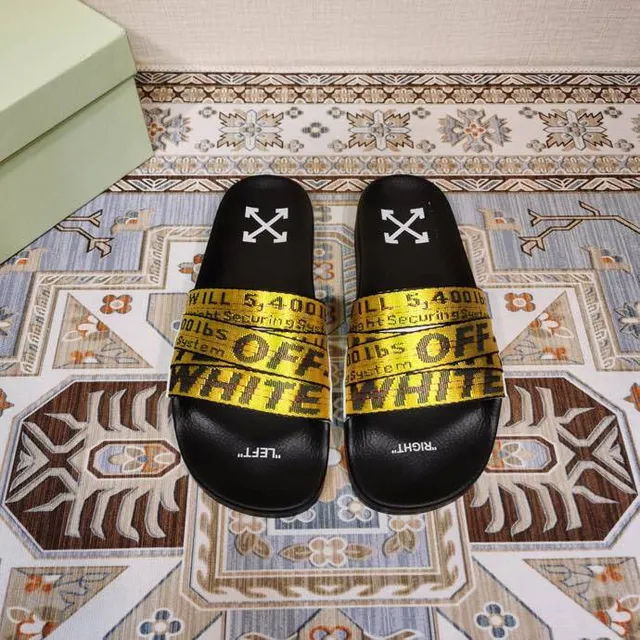 Off-White Slide काला और पीला औद्योगिक बेल्ट पट्टी चप्पल 4
