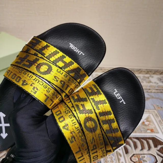 Off-White Slide काला और पीला औद्योगिक बेल्ट पट्टी चप्पल 9