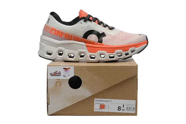 On Cloudmonster رمادي برتقالي أعلى شبكة مصممة هيكساجوني CloudTec Pod Midsole أحذية الجري 2