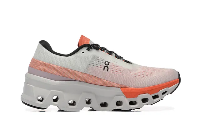 On Cloudmonster رمادي برتقالي أعلى شبكة مصممة هيكساجوني CloudTec Pod Midsole أحذية الجري 4