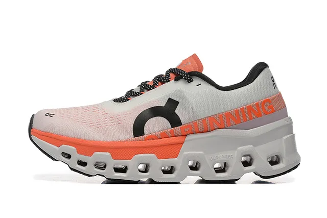 On Cloudmonster رمادي برتقالي أعلى شبكة مصممة هيكساجوني CloudTec Pod Midsole أحذية الجري 5