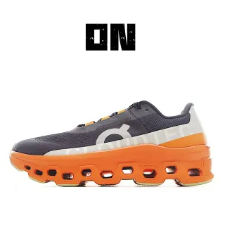 On Cloudmonster Orange Gray Engineered Mesh Upper Speed-Lace Closure Running Shoes