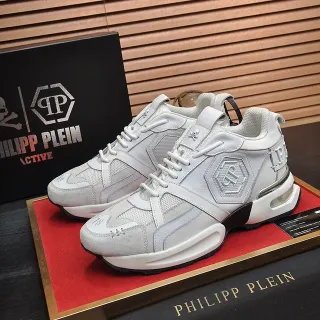 Philipp Plein Active White Black Sole Hexagonal Logo Panels Chunky Sneakers