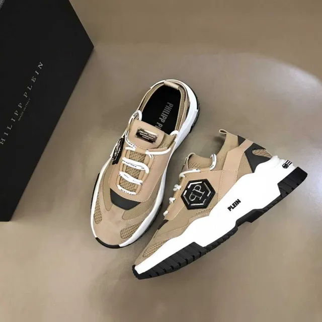 Philipp Plein बेज काला छः कोणीय PP Logo चंक स्नीकर्स 4