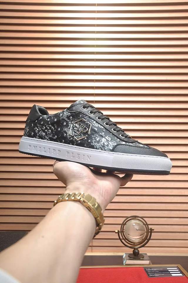 Philipp Plein حذاء سنيكرز أسلوب حياة أسود وفضي ماربل لوحة شعار 2