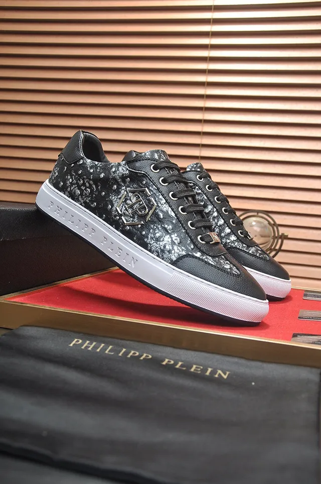 Philipp Plein حذاء سنيكرز أسلوب حياة أسود وفضي ماربل لوحة شعار 4