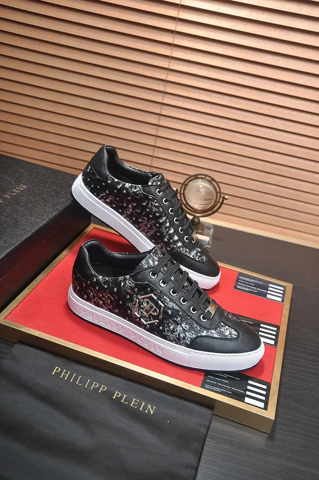 Philipp Plein حذاء سنيكرز أسلوب حياة أسود وفضي ماربل لوحة شعار 6