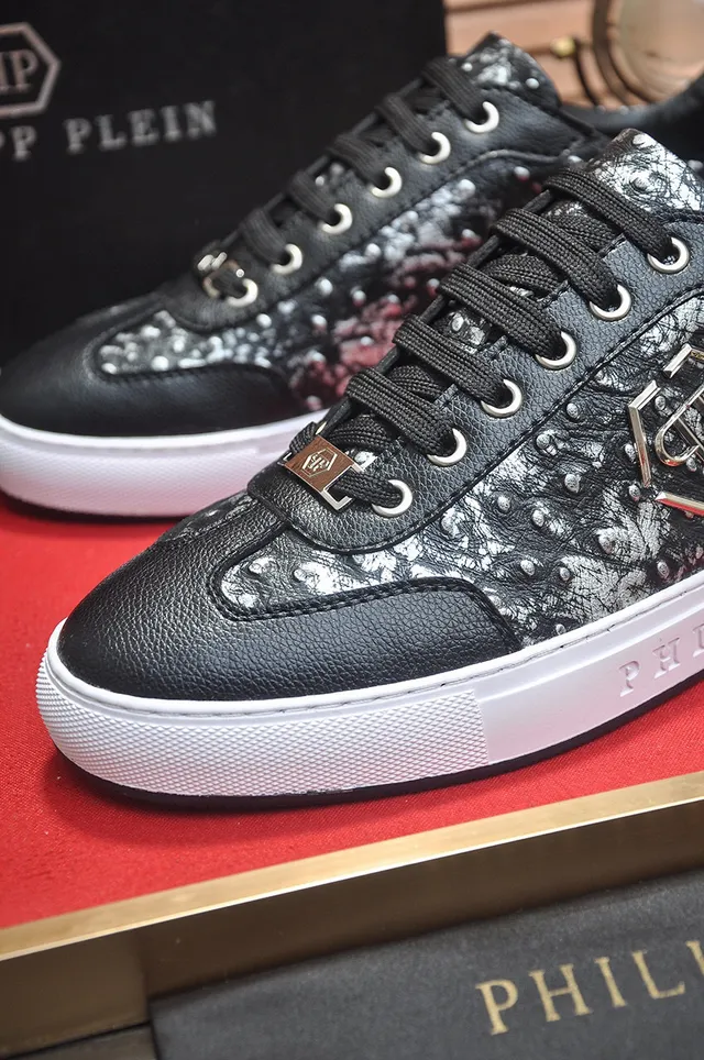 Philipp Plein حذاء سنيكرز أسلوب حياة أسود وفضي ماربل لوحة شعار 8