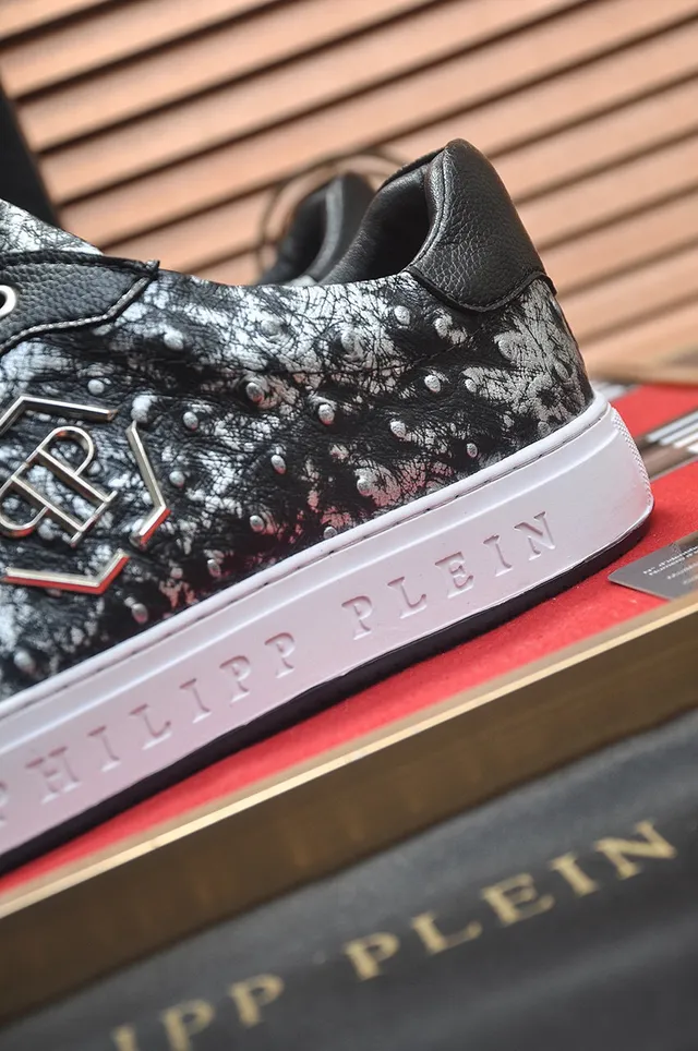Philipp Plein حذاء سنيكرز أسلوب حياة أسود وفضي ماربل لوحة شعار 9