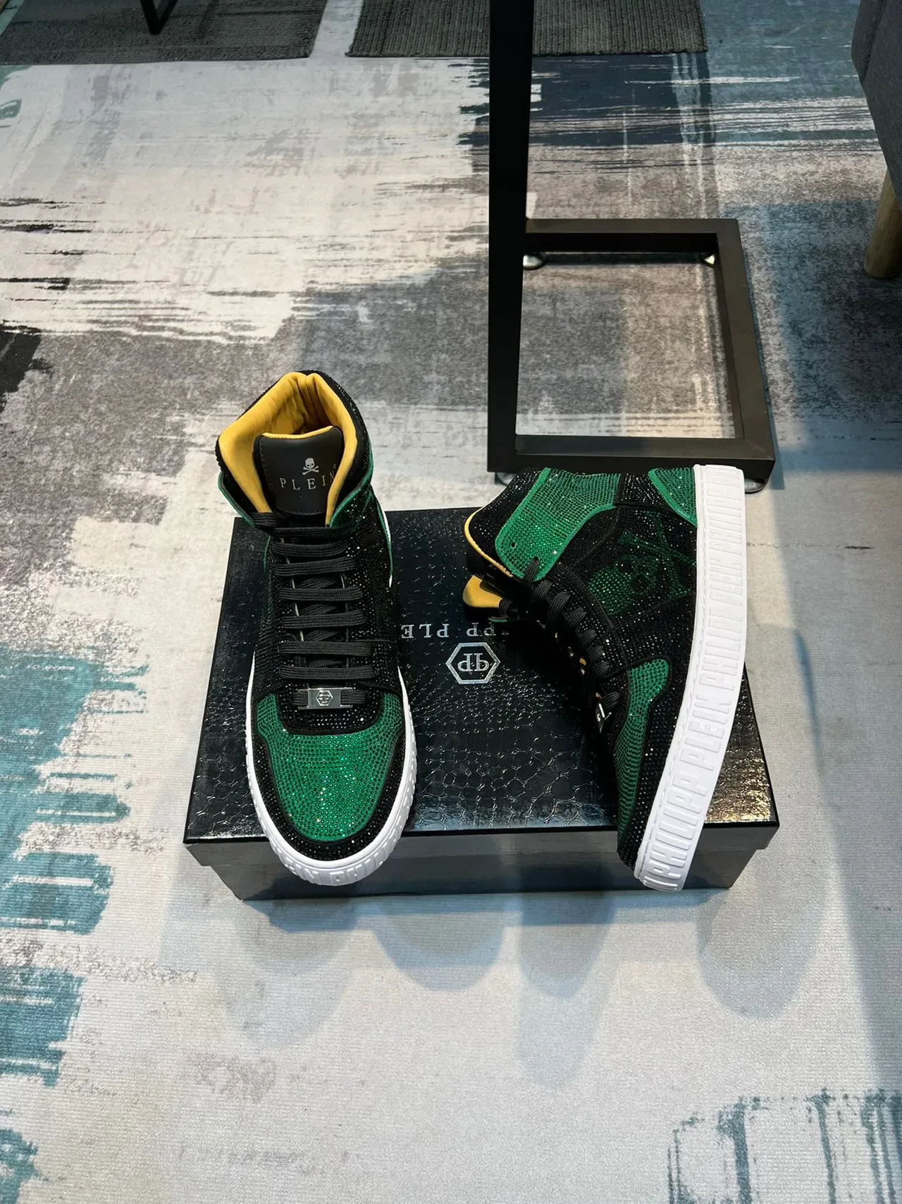 Philipp Plein Black Green High-Top Crystal-Embellished Lifestyle Sneakers 4