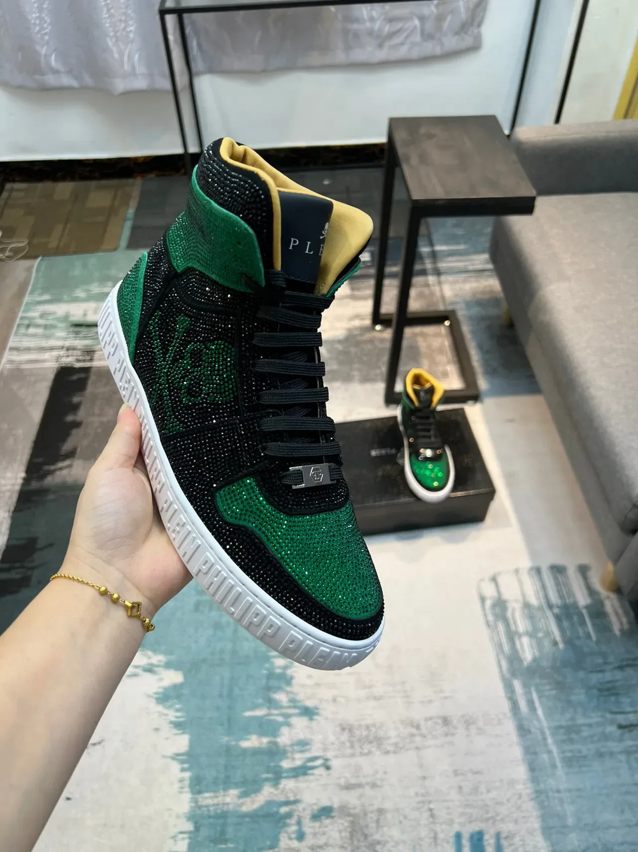 Philipp Plein Black Green High-Top Crystal-Embellished Lifestyle Sneakers 6