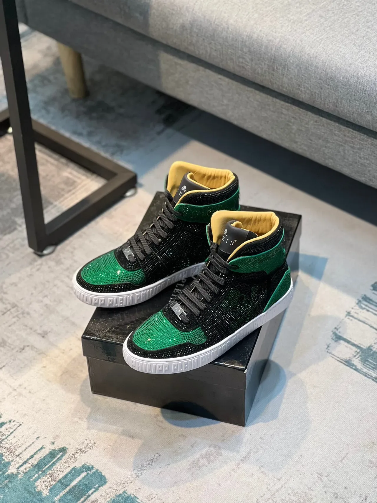 Philipp Plein Black Green High-Top Crystal-Embellished Lifestyle Sneakers 7