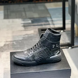 Philipp Plein কালো রৌপ্য হাই-টপ ক্রোকোডাইল-এমবসড লেদার লাইফস্টাইল স্নিকার্স