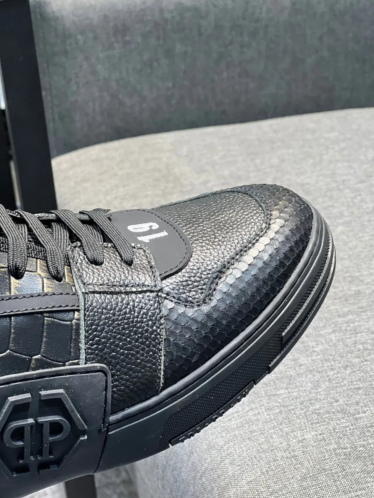Philipp Plein Preto e Prata Couro com Embossagem de Crocodilo de Topo Alto Lifestyle Sneakers 3
