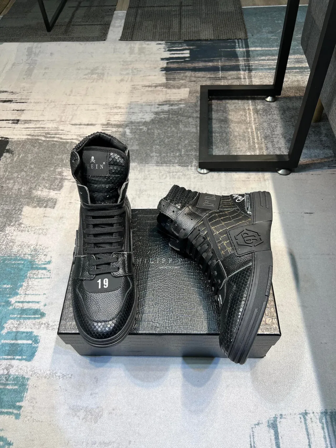 Philipp Plein Preto e Prata Couro com Embossagem de Crocodilo de Topo Alto Lifestyle Sneakers 4