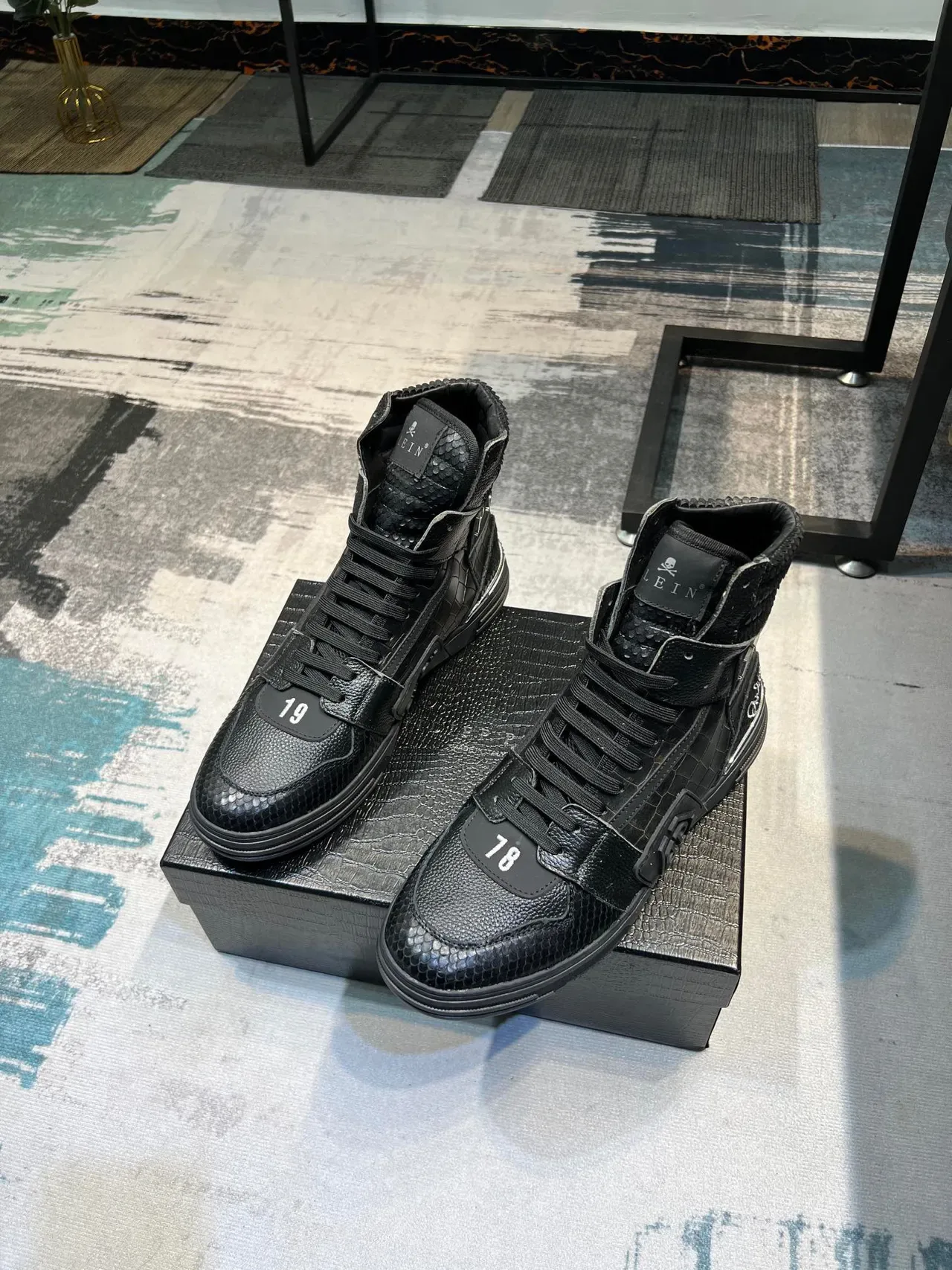 Philipp Plein Preto e Prata Couro com Embossagem de Crocodilo de Topo Alto Lifestyle Sneakers 5