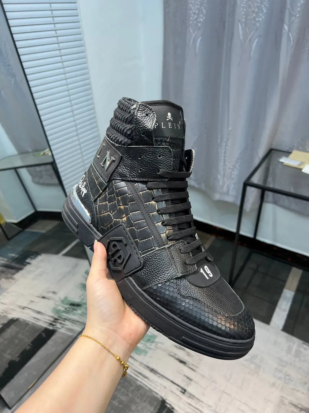 Philipp Plein Preto e Prata Couro com Embossagem de Crocodilo de Topo Alto Lifestyle Sneakers 6