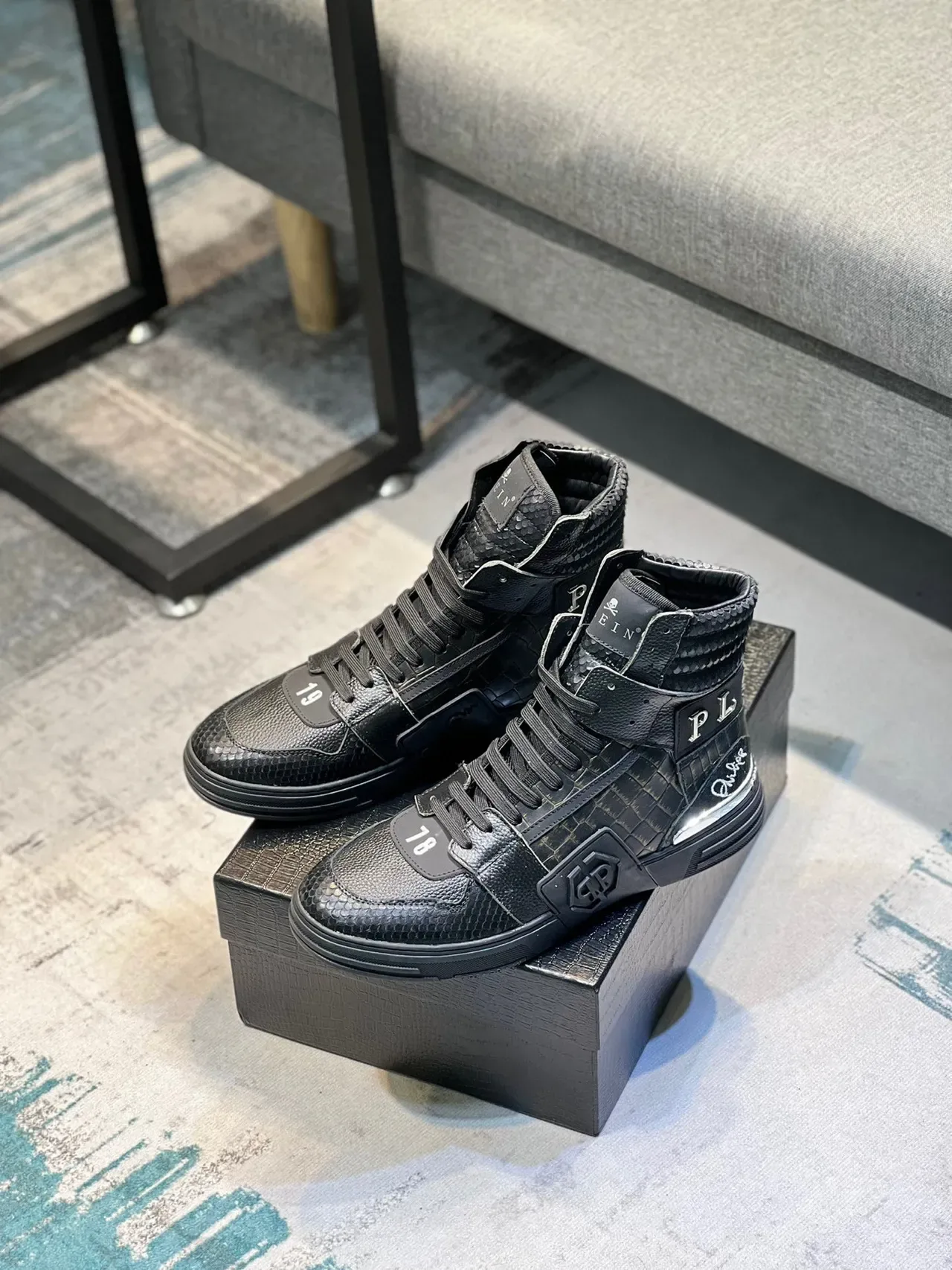 Philipp Plein Preto e Prata Couro com Embossagem de Crocodilo de Topo Alto Lifestyle Sneakers 7