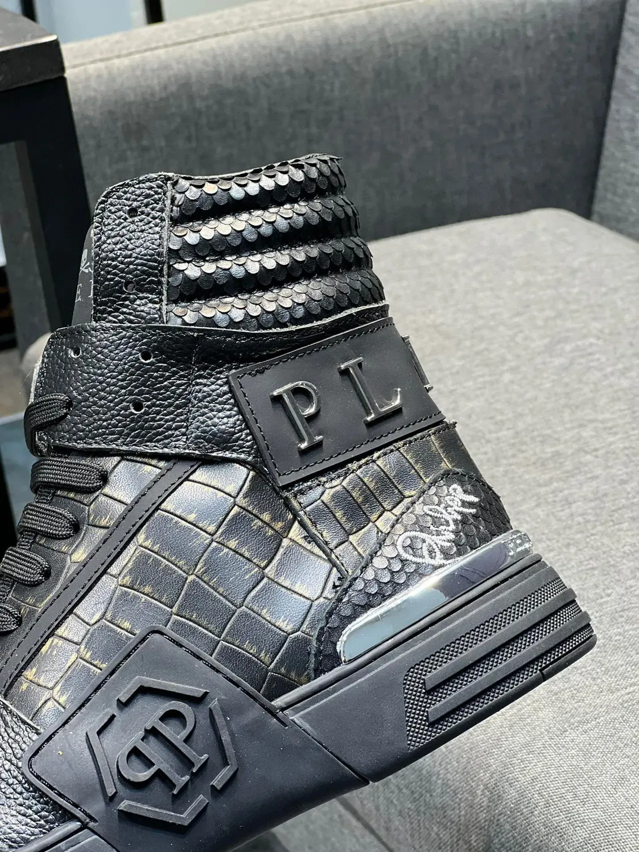 Philipp Plein Preto e Prata Couro com Embossagem de Crocodilo de Topo Alto Lifestyle Sneakers 8