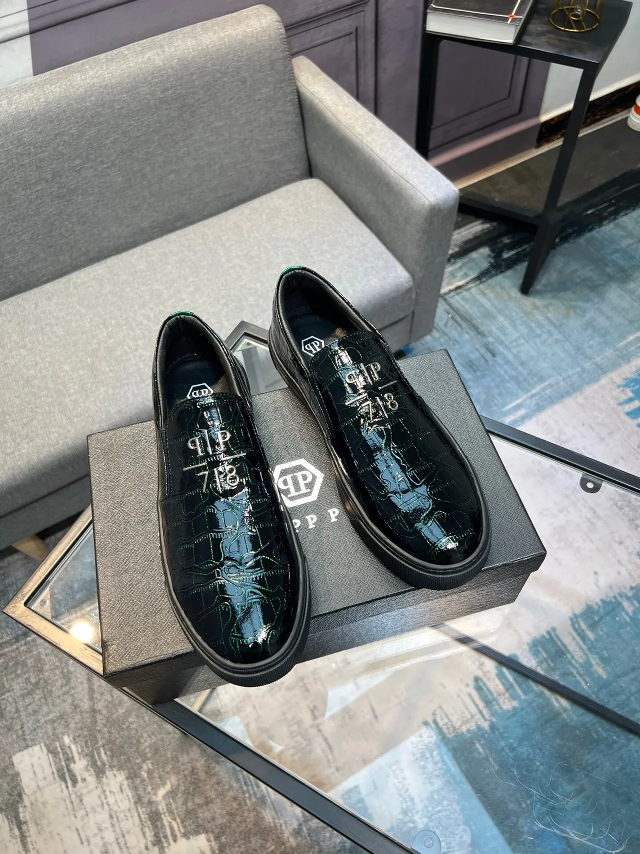 Philipp Plein Croc-Embossed Glossy Black Loafer 5