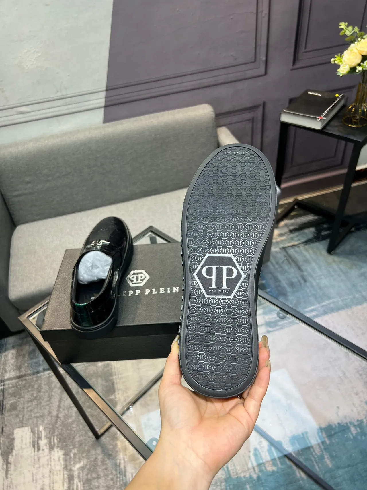 Philipp Plein Croc-Embossed Glossy Black Loafer 7
