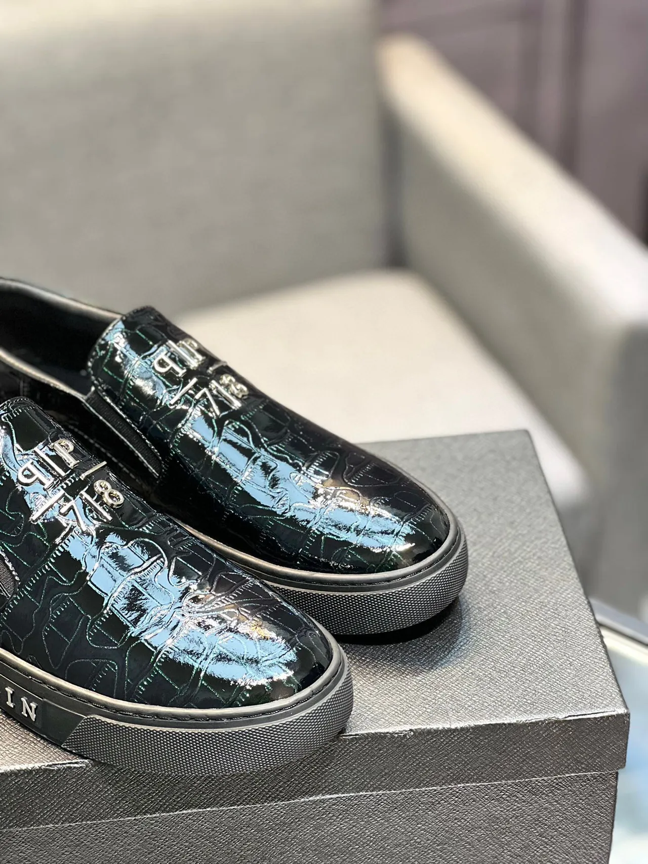 Philipp Plein Croc-Embossed Glossy Black Loafer 9