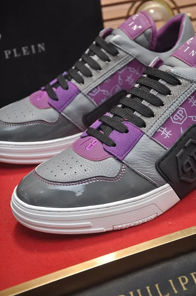 Philipp Plein Tênis Lifestyle Cinza Roxo Camadas De Couro E Sintético Na Parte Superior Capa De Pintura Patentada Brilhante Na Ponta 3