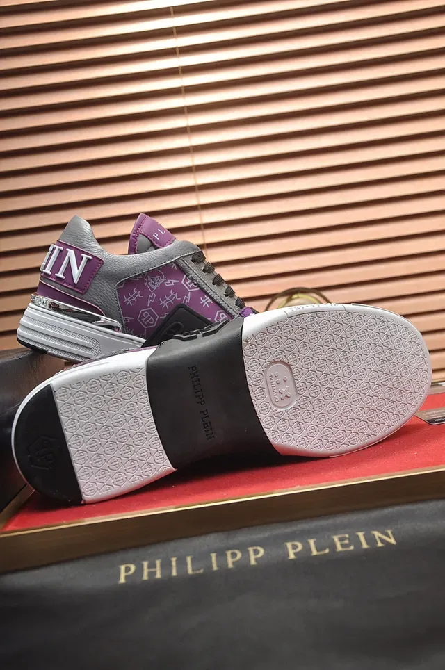 Philipp Plein Tênis Lifestyle Cinza Roxo Camadas De Couro E Sintético Na Parte Superior Capa De Pintura Patentada Brilhante Na Ponta 4