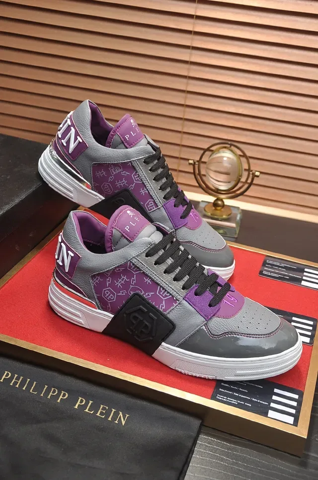 Philipp Plein Tênis Lifestyle Cinza Roxo Camadas De Couro E Sintético Na Parte Superior Capa De Pintura Patentada Brilhante Na Ponta 5