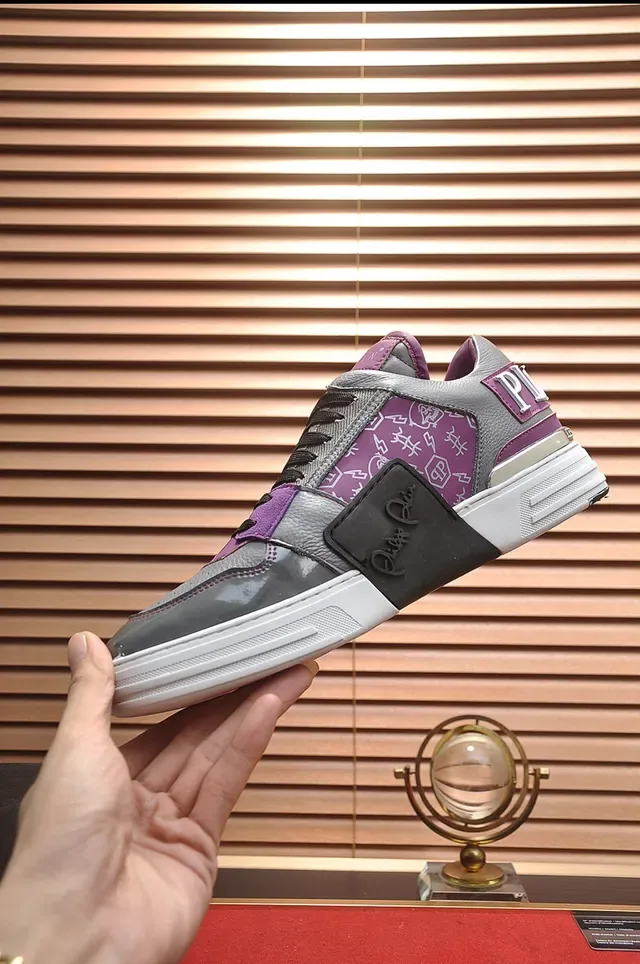 Philipp Plein Tênis Lifestyle Cinza Roxo Camadas De Couro E Sintético Na Parte Superior Capa De Pintura Patentada Brilhante Na Ponta 6