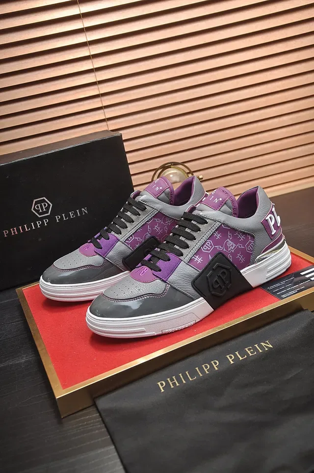 Philipp Plein Tênis Lifestyle Cinza Roxo Camadas De Couro E Sintético Na Parte Superior Capa De Pintura Patentada Brilhante Na Ponta 7