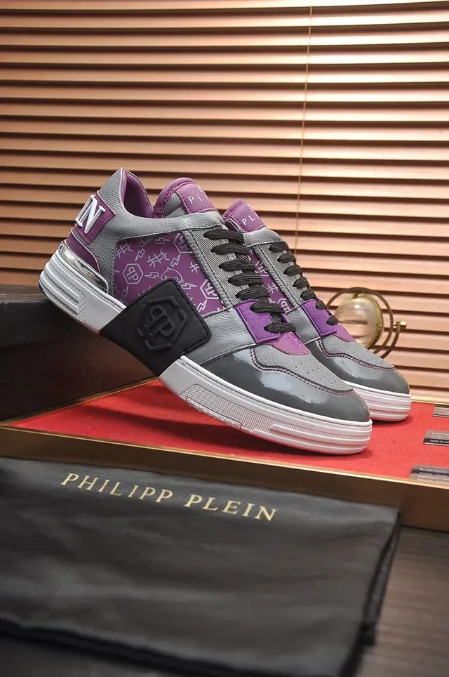 Philipp Plein Tênis Lifestyle Cinza Roxo Camadas De Couro E Sintético Na Parte Superior Capa De Pintura Patentada Brilhante Na Ponta 8