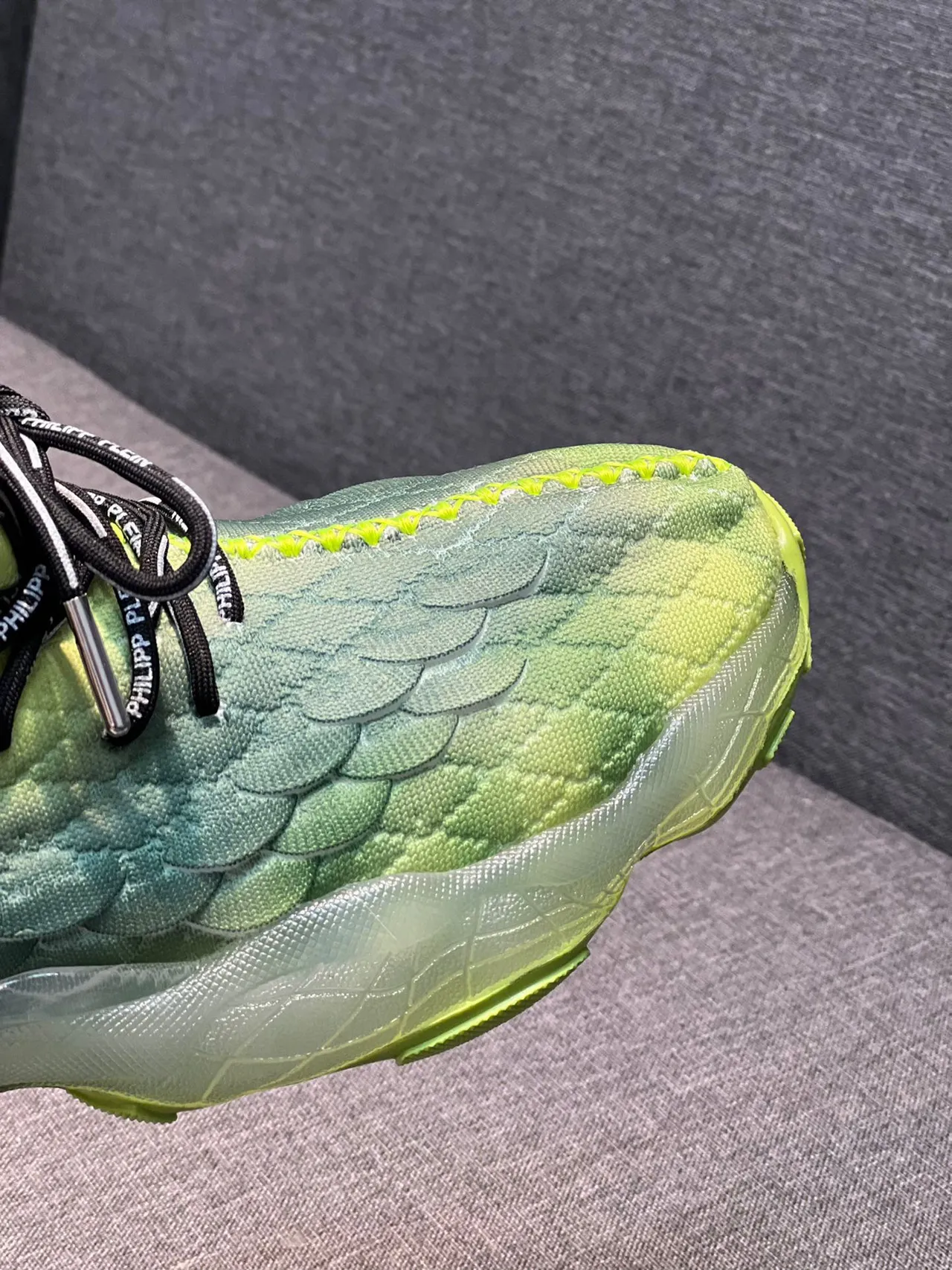 Philipp Plein Green Black Scale-Textured Knit Upper Translucent Sole Chunky Sneakers 3