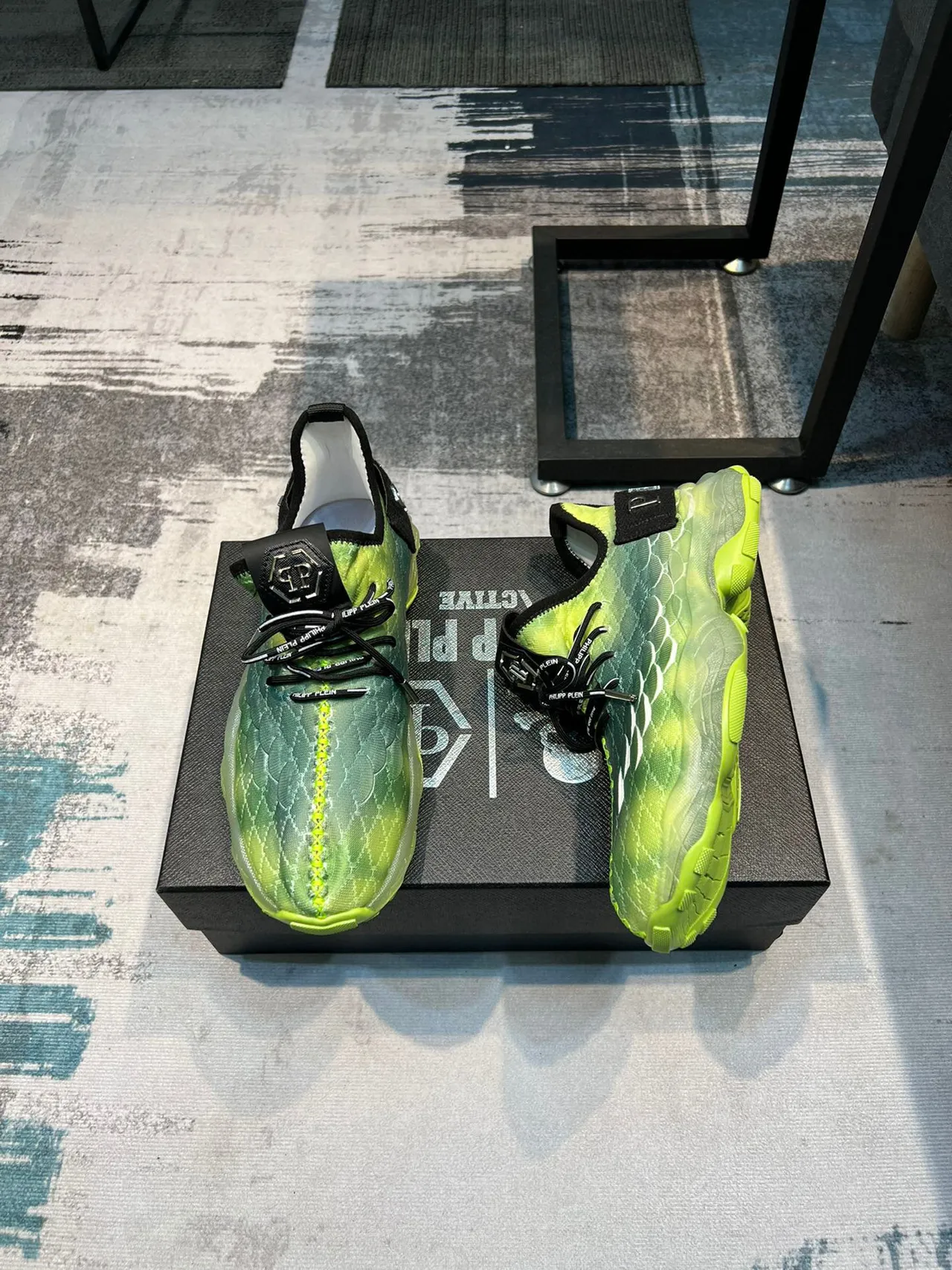 Philipp Plein Green Black Scale-Textured Knit Upper Translucent Sole Chunky Sneakers 4