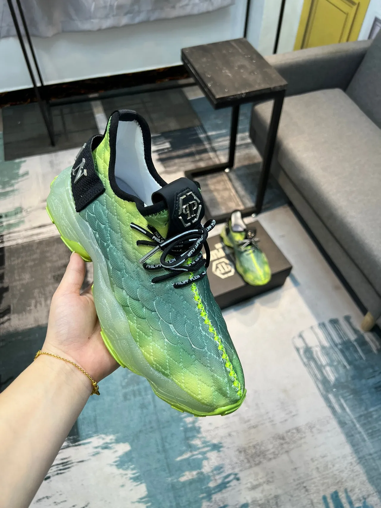 Philipp Plein Green Black Scale-Textured Knit Upper Translucent Sole Chunky Sneakers 6