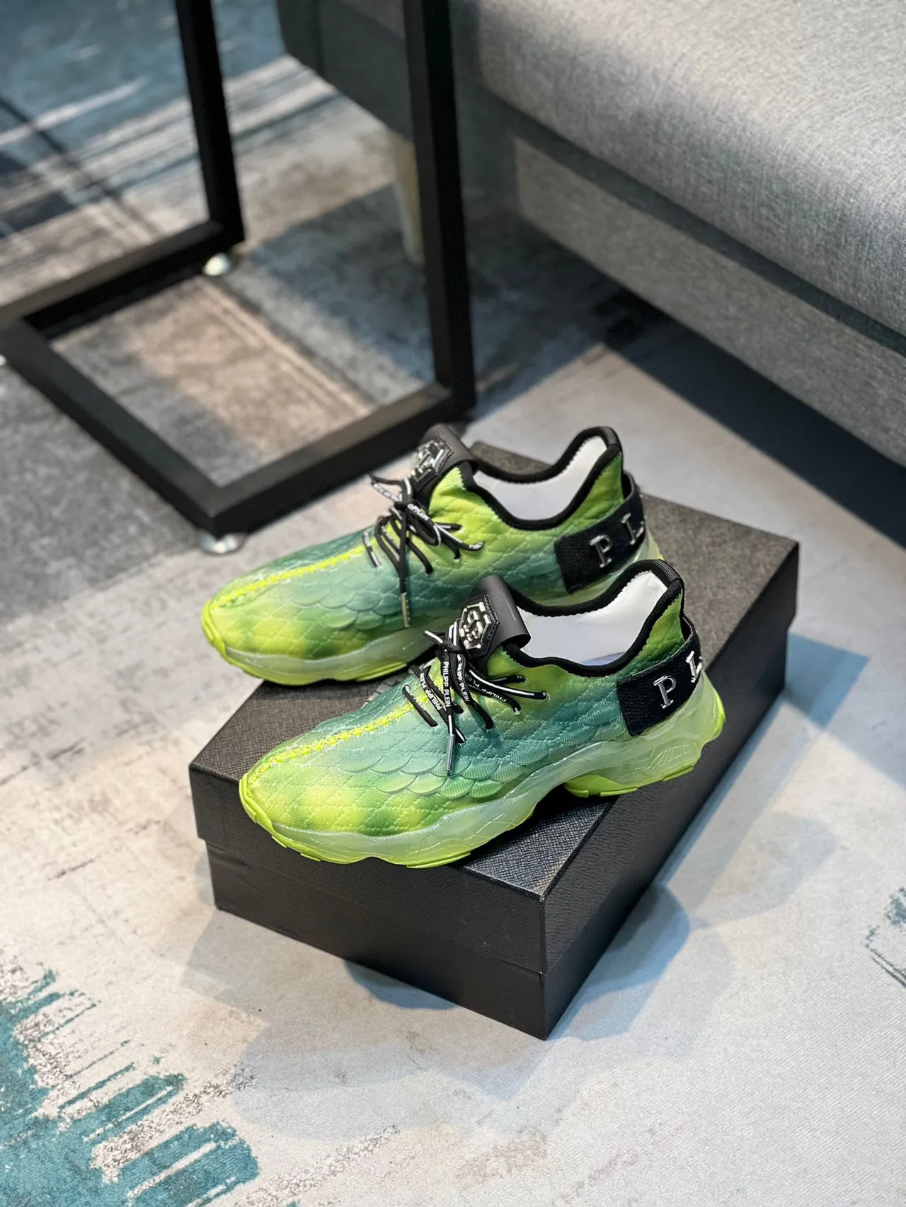 Philipp Plein Green Black Scale-Textured Knit Upper Translucent Sole Chunky Sneakers 7