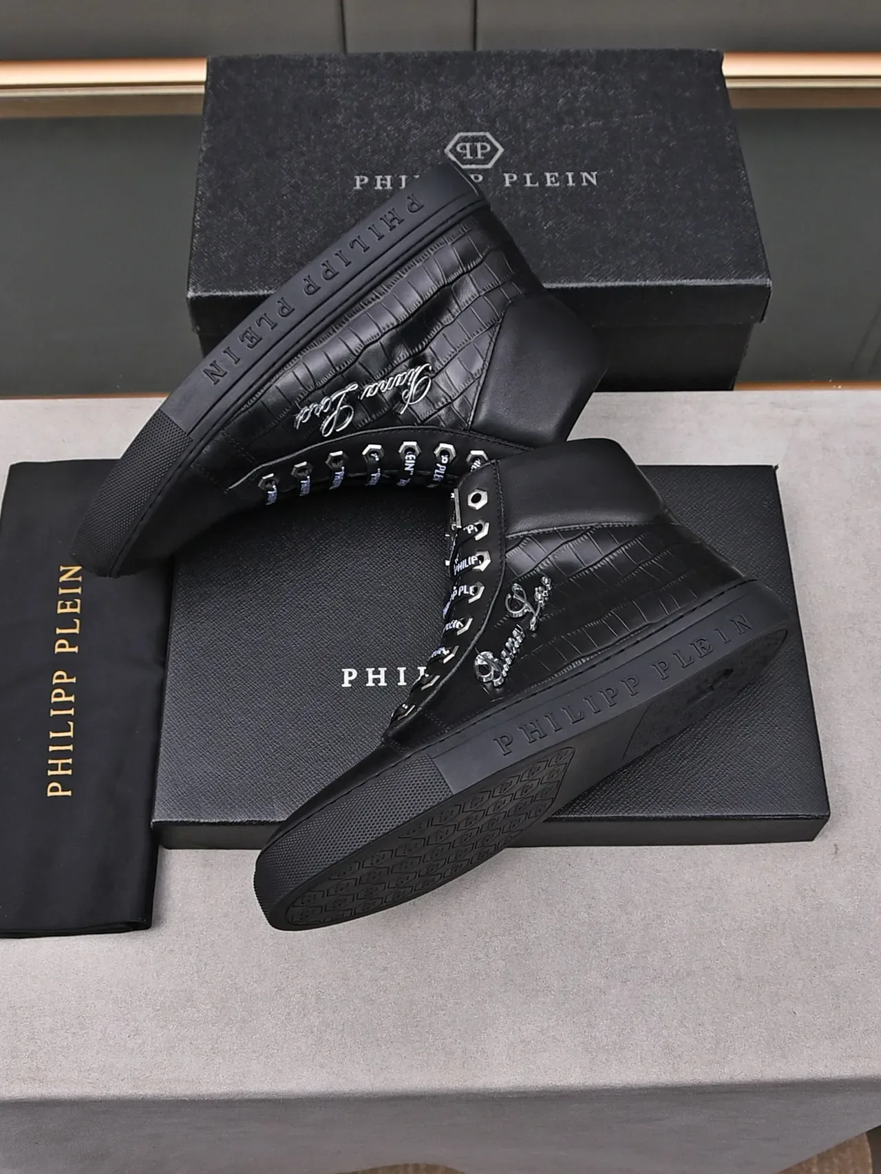 Philipp Plein Pleins Lord কালো Croc-Embossed হাই-টপ লাইফস্টাইল স্নিকার্স 3