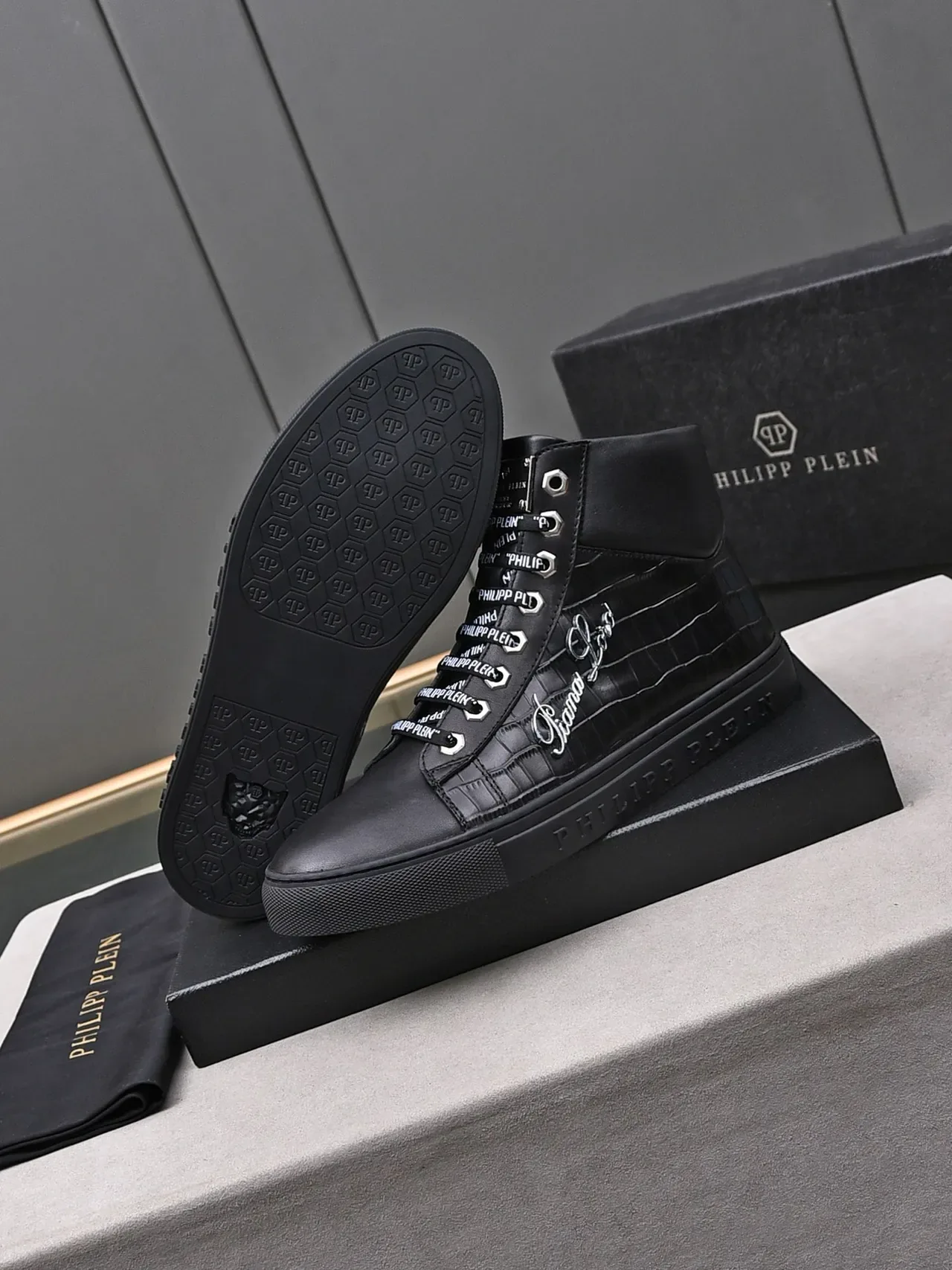 Philipp Plein Pleins Lord কালো Croc-Embossed হাই-টপ লাইফস্টাইল স্নিকার্স 4