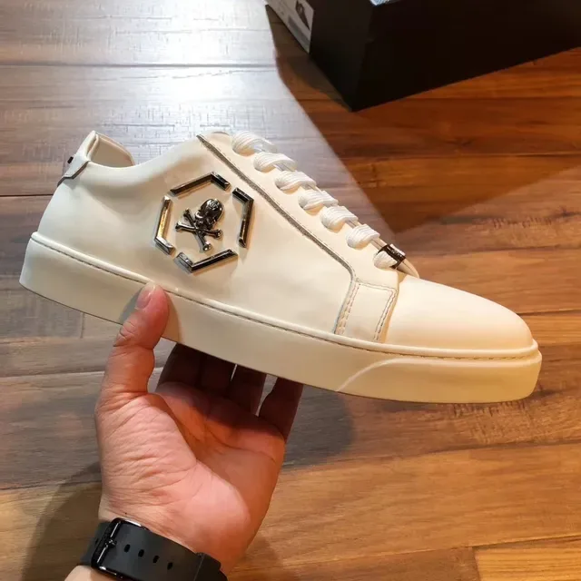 Philipp Plein सफेद चांदी चमड़े जैसा ऊपरी हेक्सागोनल खोपड़ी चिह्न जीवनशैली स्नीकर 5