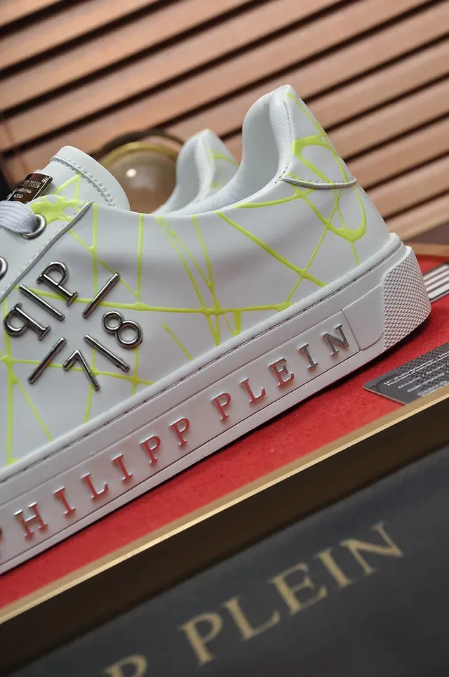 Philipp Plein Tênis Lifestyle Branco Amarelo Couro Superior Impressão Geométrica Neon Web 2