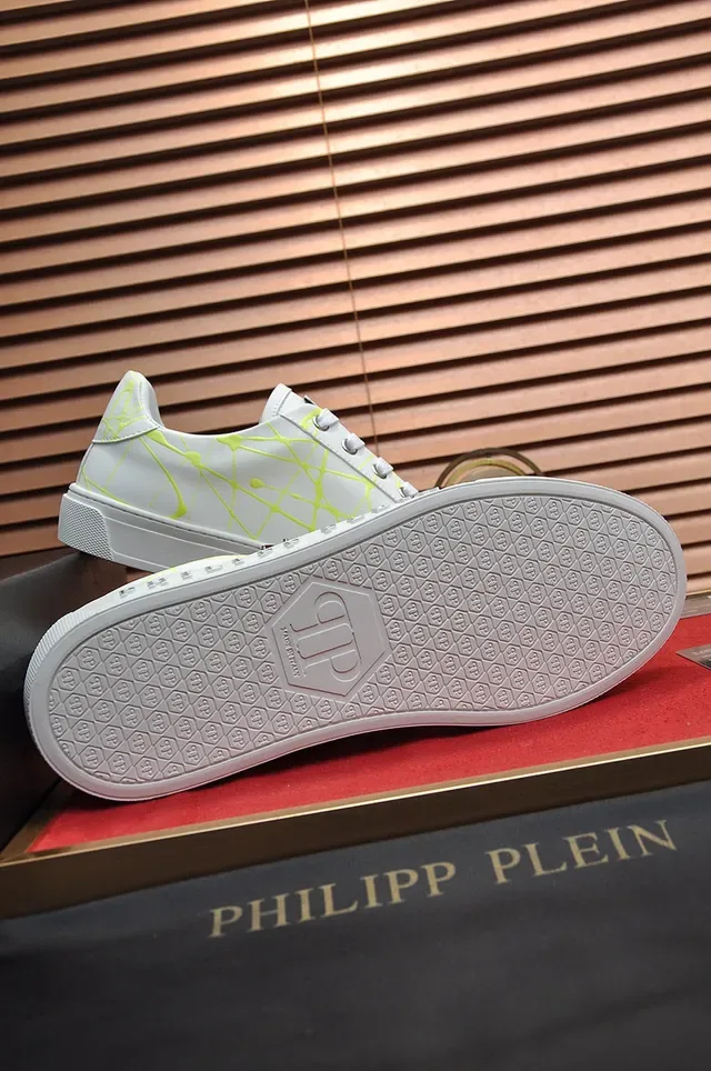 Philipp Plein Tênis Lifestyle Branco Amarelo Couro Superior Impressão Geométrica Neon Web 3