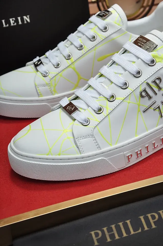 Philipp Plein Tênis Lifestyle Branco Amarelo Couro Superior Impressão Geométrica Neon Web 4
