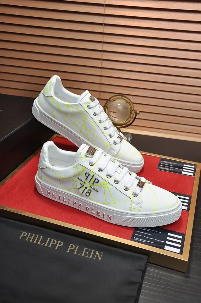 Philipp Plein Tênis Lifestyle Branco Amarelo Couro Superior Impressão Geométrica Neon Web 5