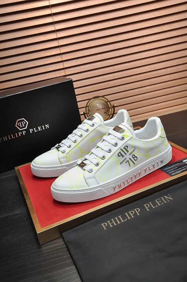 Philipp Plein Tênis Lifestyle Branco Amarelo Couro Superior Impressão Geométrica Neon Web 7