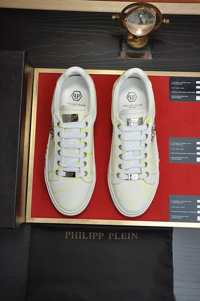 Philipp Plein Tênis Lifestyle Branco Amarelo Couro Superior Impressão Geométrica Neon Web 9