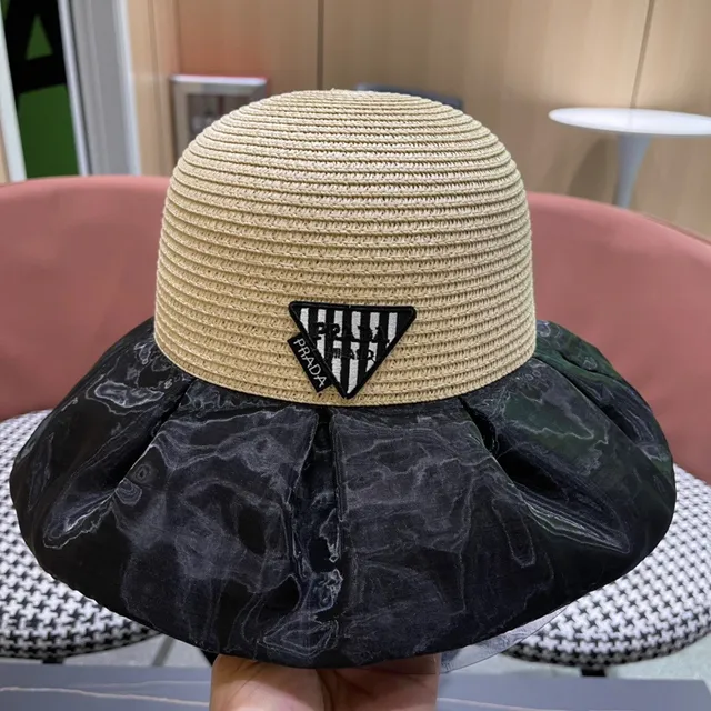 Prada Bege Preto Palha Trançada Coroa Tela Mármore Brilhante Borda Chapéu de Balde 3