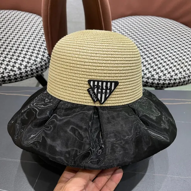 Prada Bege Preto Palha Trançada Coroa Tela Mármore Brilhante Borda Chapéu de Balde 4