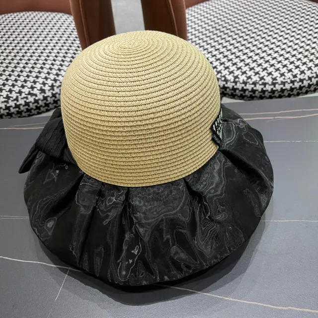 Prada Bege Preto Palha Trançada Coroa Tela Mármore Brilhante Borda Chapéu de Balde 7