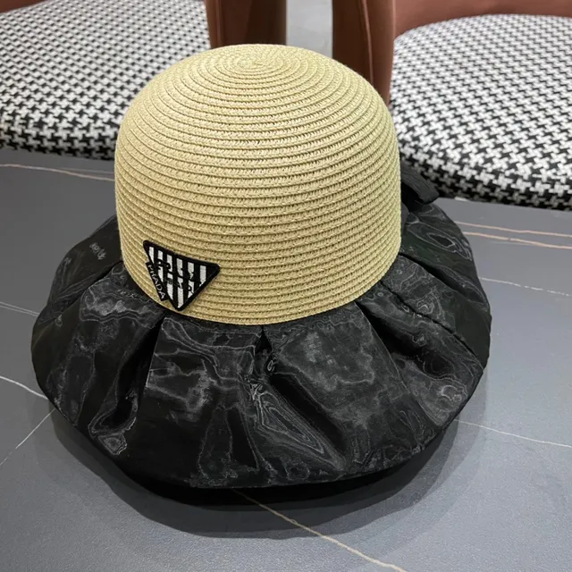 Prada Bege Preto Palha Trançada Coroa Tela Mármore Brilhante Borda Chapéu de Balde 8